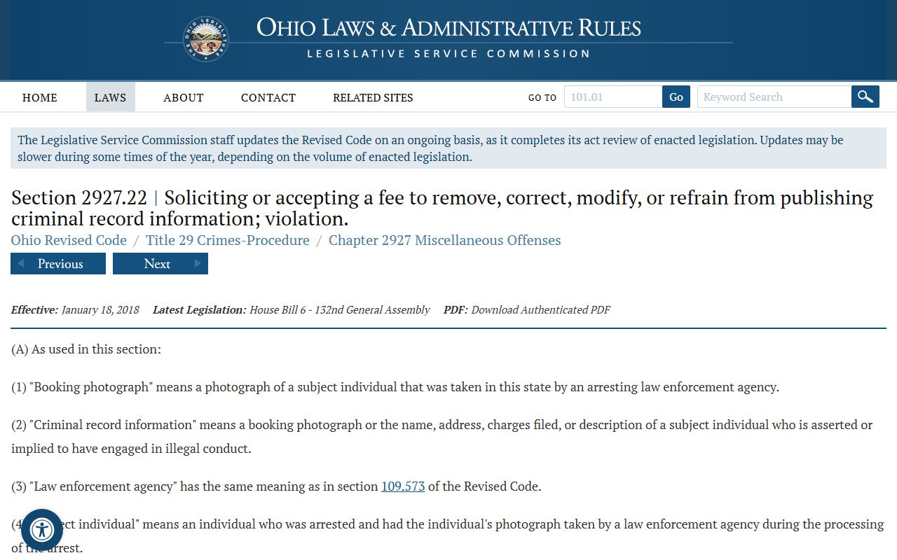 Ohio law for Meigs County booking photo removal and criminal record information
