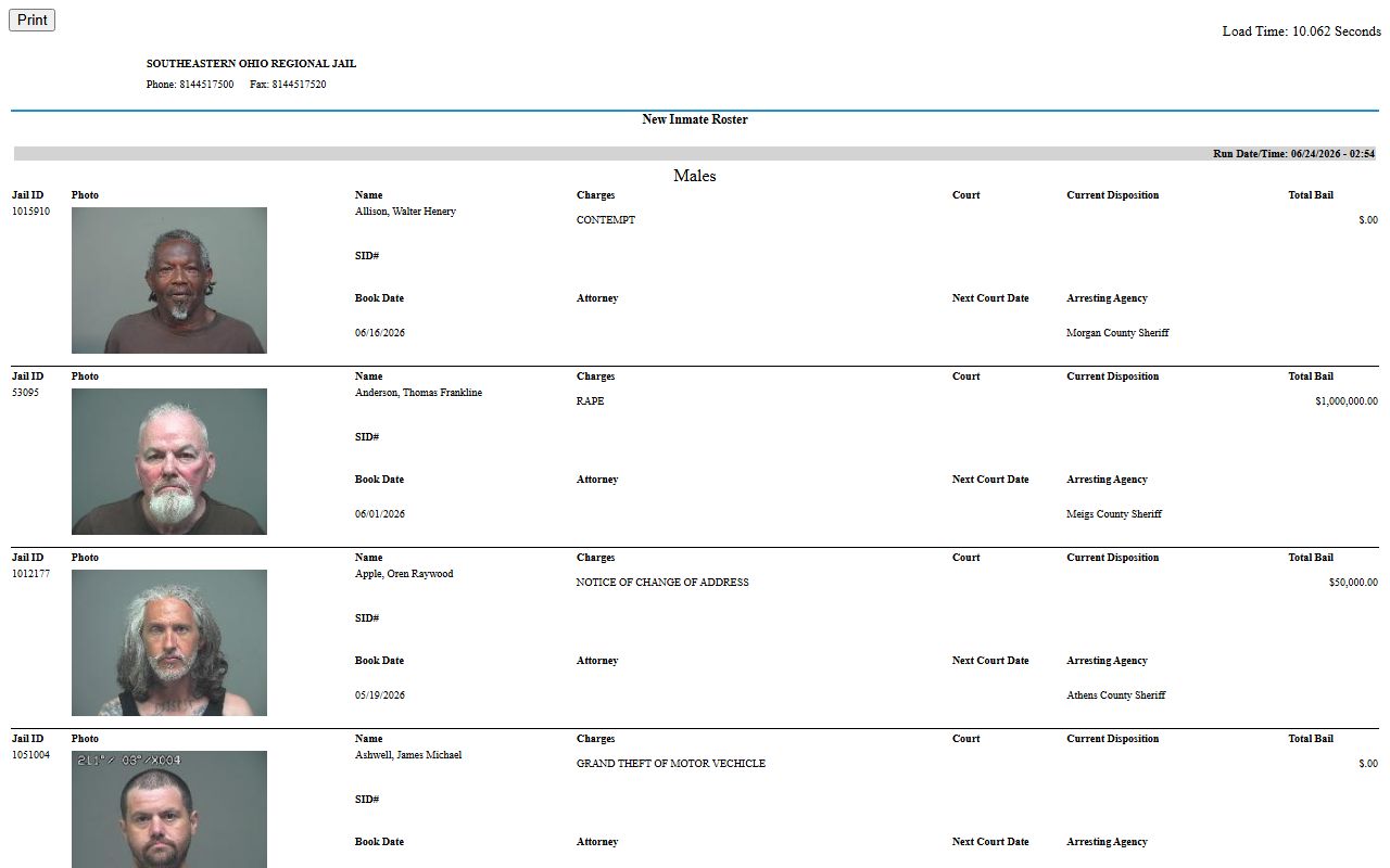 Meigs County inmate roster fields on the Southeastern Ohio Regional Jail current inmate list